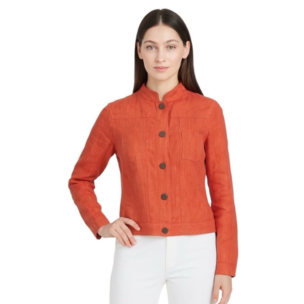 Ellen Tracy Company Coral 100% Linen Lagenlook Mandarin Collar Jacket Size 2